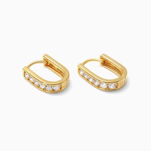 10k Gold Cz Huggie Hoops, Oval Diamond Earrings, Sparkly Diamond Hoop Earrings, Yellow Gold, White Gold