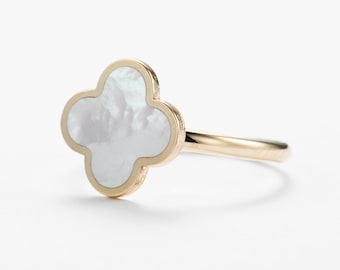 Mother of Pearl Four Leaf Clover Ring Gold 10k, Clover Ring, Solid 10k Yellow Gold, Clover Ring for Women