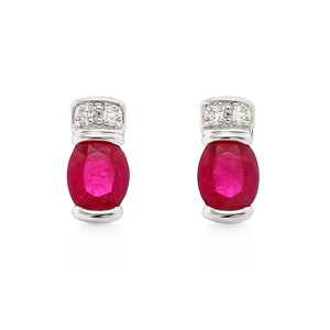 Ruby and Diamond Oval Stud Earrings Gold 14k, Red Ruby Bezel Earrings