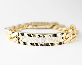 Greek Key Cuban Link Diamond Bracelet Gold 10k, Women's Bracelet, Men's Bracelet