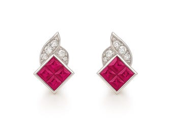 Pendientes trepadores de rubí y diamantes en oro de 14 quilates, pendientes eduardianos con rubí rojo