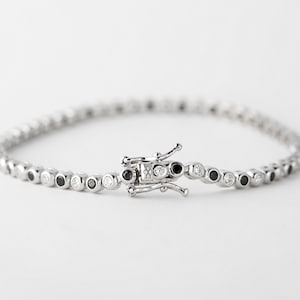 Black and White Diamond Bezel Bracelet Silver 925, Bezel CZ Tennis Bracelet image 2