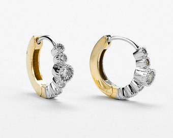 Vintage Diamond Hoop Earrings Gold 10k, Yellow Gold Huggies, Cz Earrings