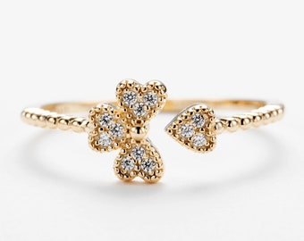 Diamond Clover Ring 925 Silver, Open 4 Leaf Clover Ring, Dainty CZ Ring, Gold Vermeil, Stackable