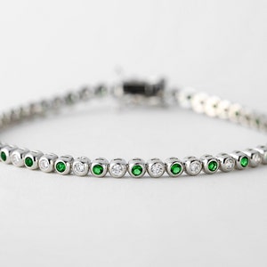 Emerald and Diamond Bezel Bracelet Silver 925, Bezel CZ Tennis Bracelet, Green Gemstone Bracelet