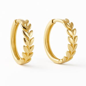 Leaf Huggie Hoop Earrings Gold 10k, Small Hoop Earrings, Solid Gold Earrings, 10k Gold Hoop Earrings