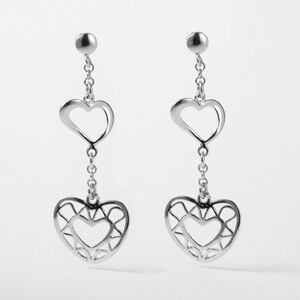 Dangle Heart Earring Silver 925, Double Heart Drop Earrings, Women's Earrings