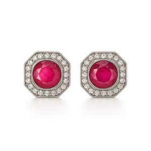 Hexagonal Ruby and Diamond Halo Stud Earrings Gold 14k, White Gold Red Earrings