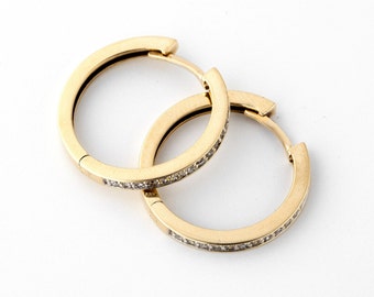 Vintage Diamond Hoop Earrings Gold 10k, Yellow Gold Huggies, Diamond Earrings