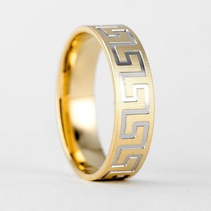 Mens Greek Key Wedding Band Gold 10k, 6mm Carved Wedding Band, Filigree Ring, 2 Tone Gold Wedding Band
