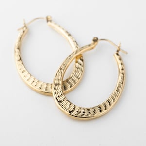 Shiny Oval Hoop Earrings Gold 10k, Yellow Gold Large Earrings, Sparkle Hoops