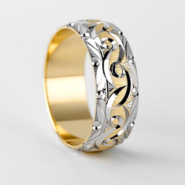 Aliança masculina bicolor esculpida em ouro 10k, 8 mm, ouro amarelo e ouro branco.
