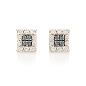 Blue Diamond Square Cluster Stud Earrings Gold 10k, White Gold Stud Earrings