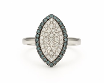Anillo vintage de diamantes azules en racimo, oro de 10 quilates, anillos marquesina de oro blanco, joyería vintage