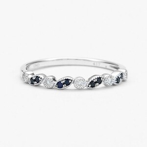 Diamond And Sapphire Half Eternity Band Ring Gold 10k, Art Deco Blue Sapphire White Gold Gemstone Ring