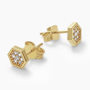 Hexagonal Stud Earrings Gold 10k, Diamond Cz Studs, Yellow, Rose, White