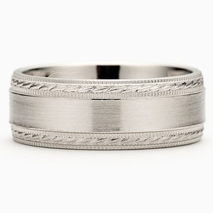 Mens Wedding Band Solid Silver, 8mm Carved Wedding Band, Filigree Ring, White Gold Wedding Band
