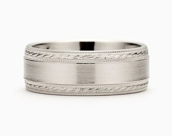 Mens Wedding Band Solid Silver, 8mm Carved Wedding Band, Filigree Ring, White Gold Wedding Band