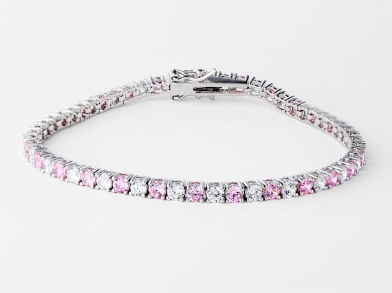 Pink Sapphire and Diamond Bracelet Silver 925, Silver Tennis Bracelet, Pink  Gemstone