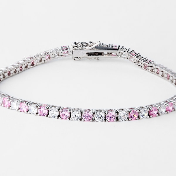 Pink Sapphire and Diamond Bracelet Silver 925, Silver Tennis Bracelet, Pink Gemstone