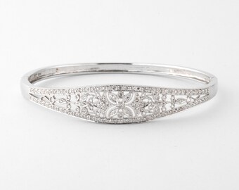 Vintage Diamond Bangle Bracelet Gold 14k, Edwardian White Gold Diamond Bracelet, Big Bracelet