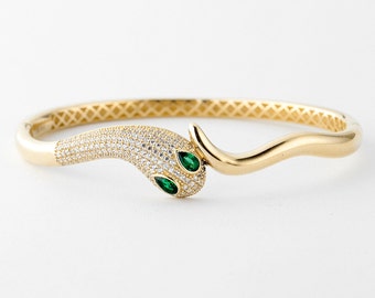 Diamond Snake Bangle Bracelet Gold 10k, Emerald CZ Cuff Bracelet, Yellow Gold Bracelet