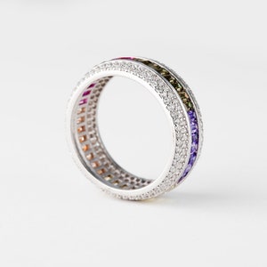 Multi Color Full Eternity Silver 925, Rainbow Baguette Eternity Band , Silver Ring Women's Size 7 image 6