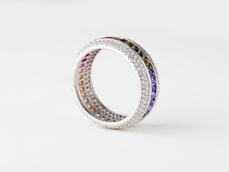 Multi Color Full Eternity Silver 925, Rainbow Baguette Eternity Band , Silver Ring Women's Size 7 image 6