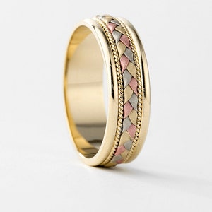 Men's Three Tone Braided Wedding Band Gold 10k, Men's 3 Tone Ring, Yellow Gold Wedding Band