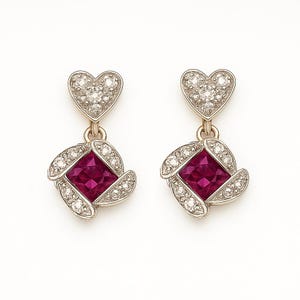 Ruby and Diamond Heart Dangle Stud Earrings Gold 14k, Red Ruby Edwardian Earrings