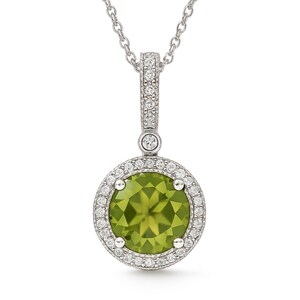 Peridot and Diamond Halo Pendant Gold 14k, Round White Gold Peridot Necklace