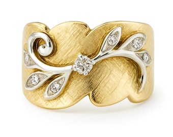 Vintage Floral Diamond Cocktail Ring Gold 14k, Yellow Gold Diamond Ring, Vintage Jewelry