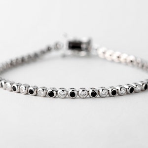 Black and White Diamond Bezel Bracelet Silver 925, Bezel CZ Tennis Bracelet image 1