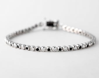 Black and White Diamond Bezel Bracelet Silver 925, Bezel CZ Tennis Bracelet