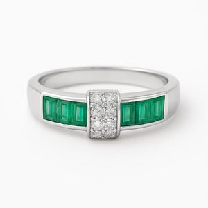 Vintage Emerald and Diamond Ring Gold 14k, Baguette Green Emerald Band, Vintage Jewelry