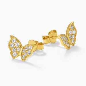 Diamond Butterfly Stud Earrings Gold 10k, Cz Studs, Yellow, White