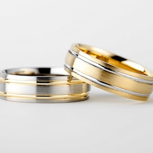 Men&#39;s Two-Tone Carved Double line Wedding Band Gold 10k, 6mm Yellow Gold, White Gold Wedding Band, Men&#39;s Ring