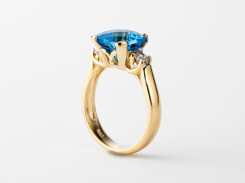 Blue Topaz and Diamond Ring Gold 14k, Cushion Cut Blue Topaz Ring, Cocktail Ring image 1