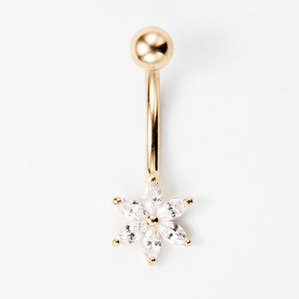 Diamond Star Belly Ring Solid Gold 14k, Body Jewelry, Cz Flower Jewelry, Gift For Her