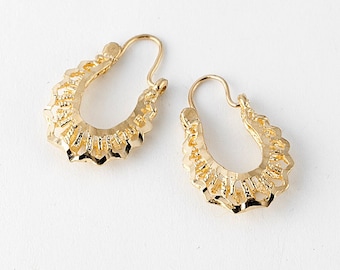 Vintage Boho Hoop Earrings Yellow Gold 10k, Women's Oval Hoops, Vintage Jewelry