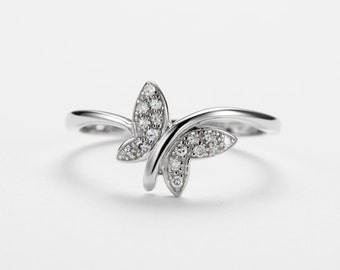 Butterfly Ring Gold 10k, Diamond Ring, Dainty Diamond Ring, Rose Gold, Yellow Gold, White Gold, 10k Diamond Ring, Stackable