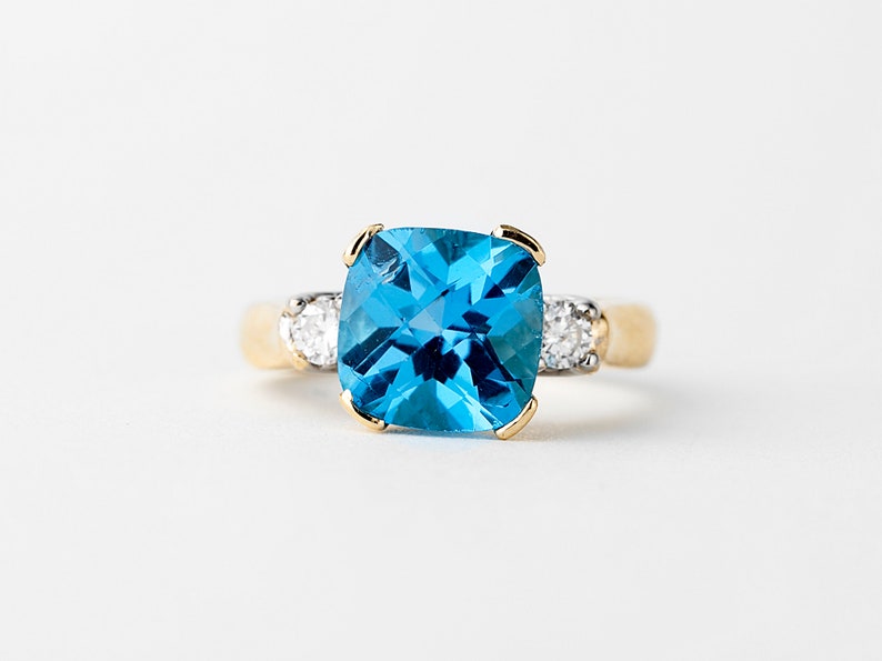 Blue Topaz and Diamond Ring Gold 14k, Cushion Cut Blue Topaz Ring, Cocktail Ring image 5