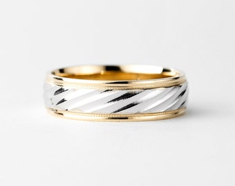 Men's Two Tone Wedding Band Gold 10k, 6mm Carved Wedding Band, Filigree Ring, White Gold, Yellow Gold, Wedding Band