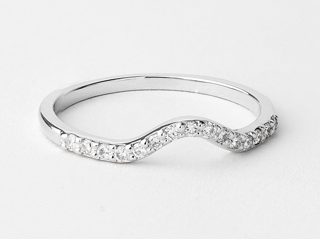 Curved Diamond Wedding Band 14k, Stackable Diamond Ring, Dainty Diamond