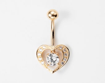 Diamond Heart Belly Ring Solid Gold 14k, Body Jewelry, Cz Heart Jewelry, Gift For Her