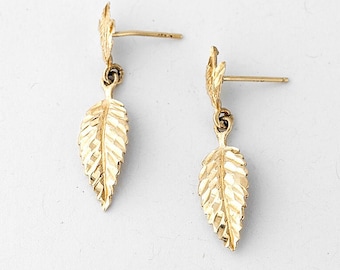 Vintage Dangle feather Stud Earrings Gold 10k, Yellow Gold Earrings, Vintage Jewelry