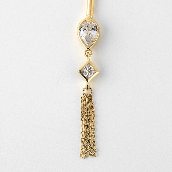 Dangle Pear Teardrop Tassel Belly Ring Solid Gold 14k, Body Jewelry, Cz Heart Jewelry, Gift For Her