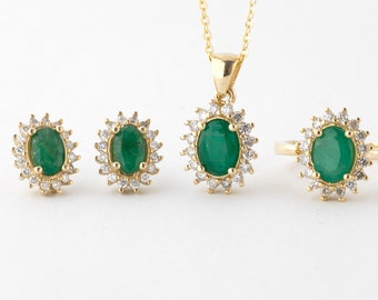 Emerald Oval Halo Set Gold 10k, Diamond Halo Set, Sapphire Halo Ring, Ruby Halo Earrings, Halo Necklace