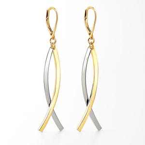 Dangle Stick Earrings Gold 10k, Drop Earrings 2 Tone, Yellow Gold Hoops