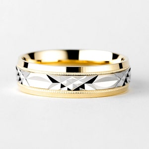 Men&#39;s Two Tone Brushed Wedding Band Gold 10k, 6mm Carved Wedding Band, Filigree Ring, White Gold, Yellow Gold, Wedding Band